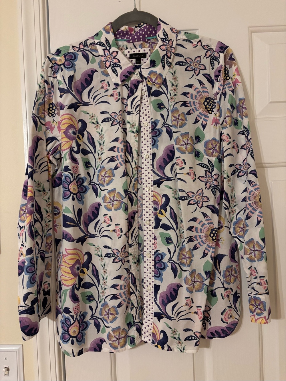 Talbots White Floral Button-Front Jacket with Purple and Green Print